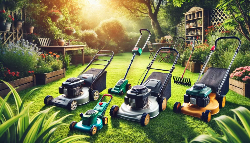 The Budget-Conscious Buyer’s Guide to Grass Cutters 2 DALL·E 2025 03 25 20.27.23 A horizontal image for a blog titled Factors to Consider When Choosing a Grass Cutter. The image should feature a variety of grass cutters manua