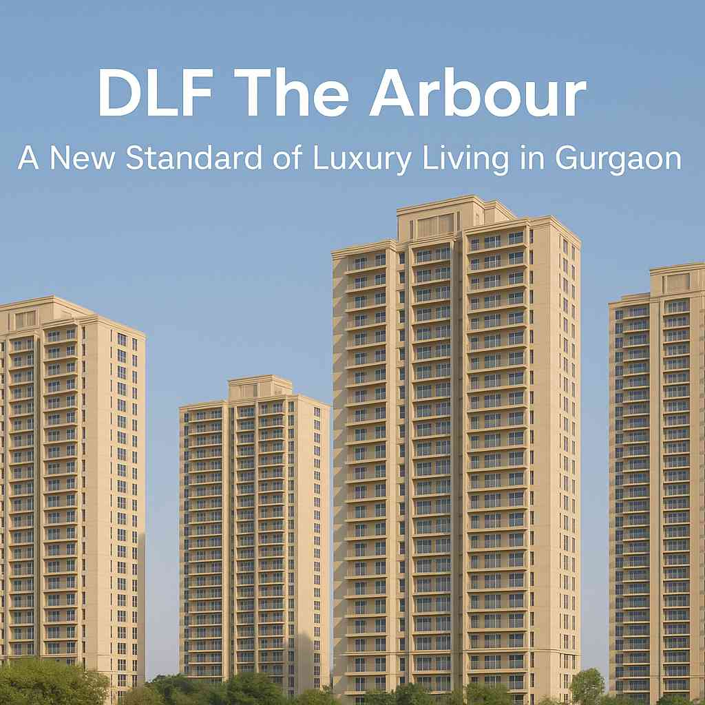 High-rise residential towers of DLF The Arbour under a clear blue sky in Sector 63, Gurgaon, showcasing modern luxury living.