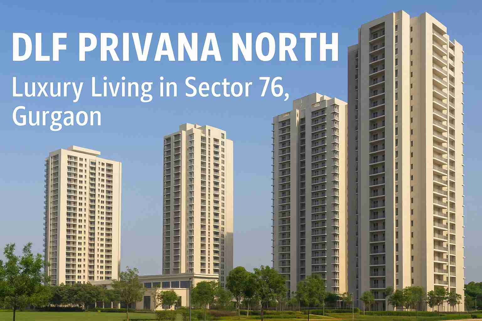 Residential towers of DLF Privana North in Sector 76 Gurgaon, surrounded by greenery under a clear blue sky.