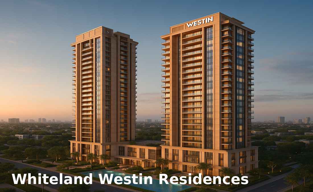 Elegant twin towers of Whiteland Westin Residences in Sector 103, Gurgaon, featuring luxury hotel-style living and landscaped surroundings at sunset.