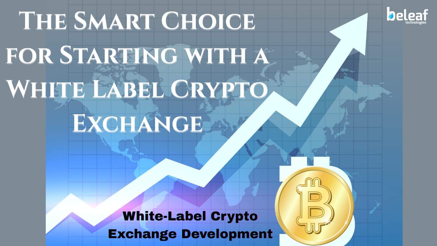 Promotional banner showing an upward arrow, Bitcoin symbol, and the title 'The Smart Choice for Starting with a White Label Crypto Exchange' by Beleaf Technologies.