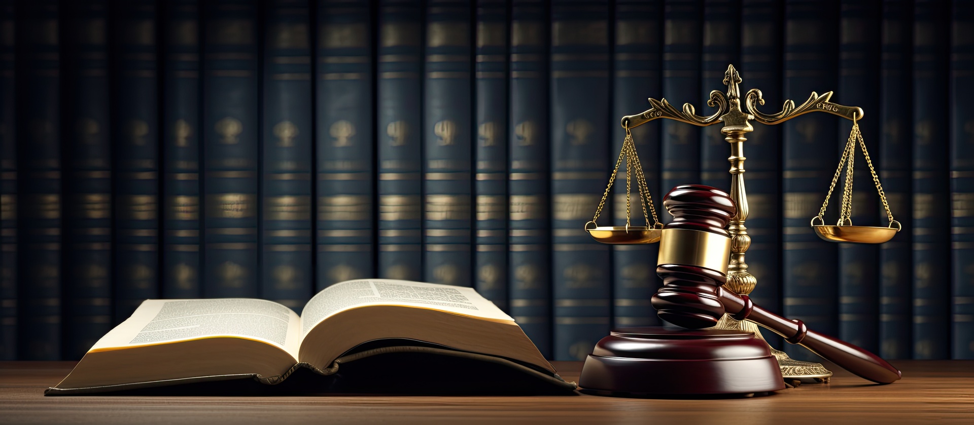 Legal Law and Justice concept Open law book with a wooden judges gavel in a courtroom or law enforcement office