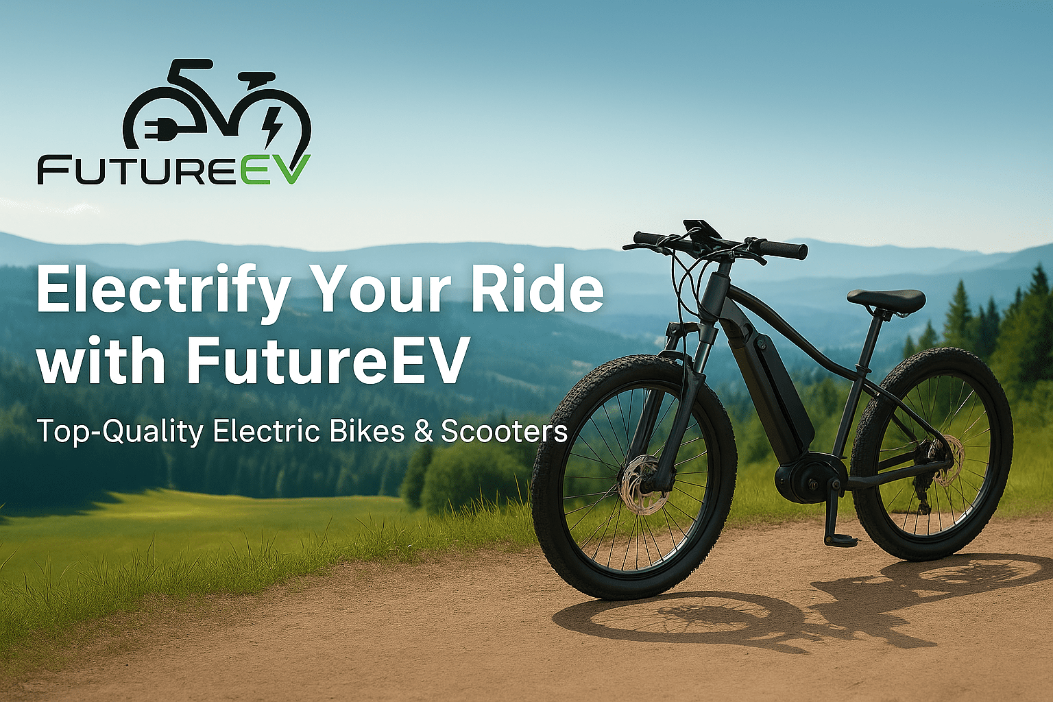 “Rider on a green electric mountain bike traversing trail—‘New Arrivals’ banner on Future EV.bike.”